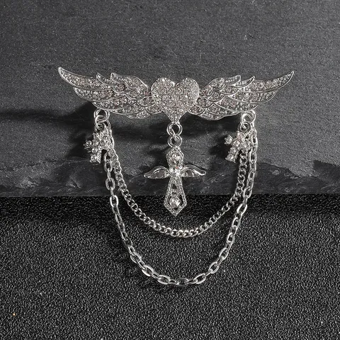Spilla Vintage Gotica Ali di Angelo Argento Cuore Con Ciondolo Croce Strass Catena Multistrato Nappina Per Donna Uomo Gioielli