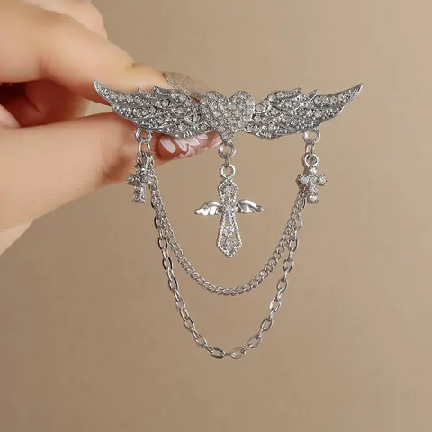 Spilla Vintage Gotica Ali di Angelo Argento Cuore Con Ciondolo Croce Strass Catena Multistrato Nappina Per Donna Uomo Gioielli