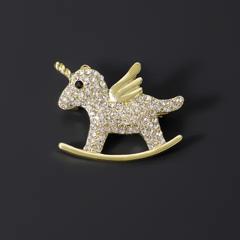 Korean Style Cute Unicorn Rocking Horse Brooch Pin With Rhinestone Alloy Animal Lapel Pin For Women Girls Accessories