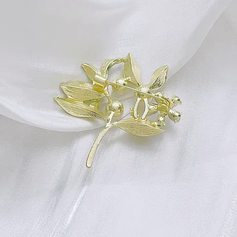 Broche de Flor de Hoja Verde Vintage para Mujer Aleación Perla Artificial Diamante de Imitación Alfiler Elegante Joyería de Moda