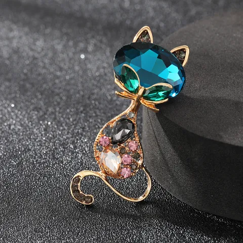 Luxus Saphirblau Katzen Brosche Legierung Strass Hohl Tier Corsage Pin Für Damen Party Hochzeit Schmuck Zubehör
