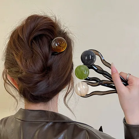 Retro Acetaat U-Vormige Haarvork Met Ronde Kraal Golvende Dubbele Tand Haarstok Voor Vrouwen Elegante Haarknot Maker