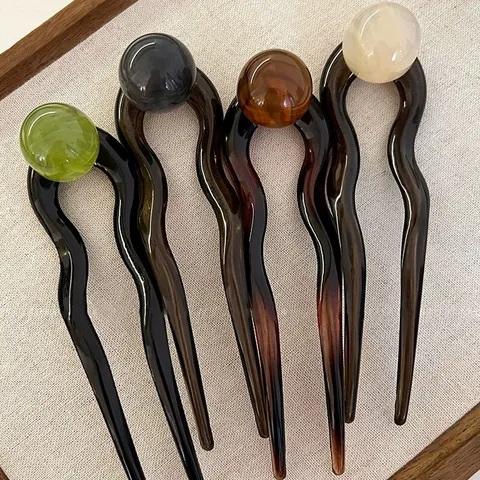 Retro Acetaat U-Vormige Haarvork Met Ronde Kraal Golvende Dubbele Tand Haarstok Voor Vrouwen Elegante Haarknot Maker