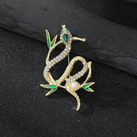Spilla Vintage in Stile Cinese a Forma di Serpente e Bambù per Donna in Lega Oro con Strass e Smalto Verde Gioielli Animale