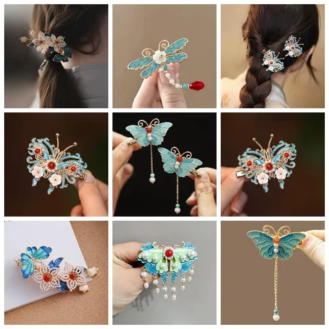 Pinza para el Cabello de Mariposa de Estilo Chino Antiguo para Mujer con Borla de Perla y Esmalte Horquilla para Hanfu Accesorio Elegante