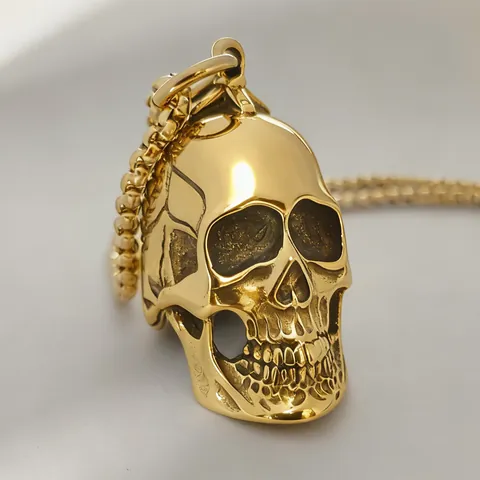 Vintage Punk Titanium Steel Skull Pendant Necklace Gold Steel Color Gothic Ghost Demon Jewelry For Men Women Daily Party Wear