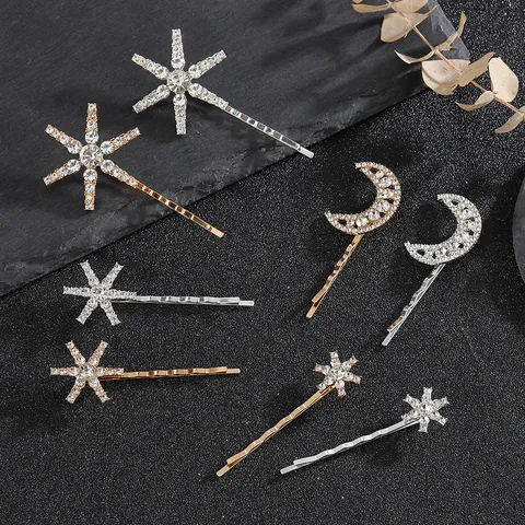 Fashion Zinc Alloy Sparkling Rhinestone Star Moon Hair Clip Set For Women Elegant Gold Silver Bobby Pins Hair Accessories Jewelry Gift