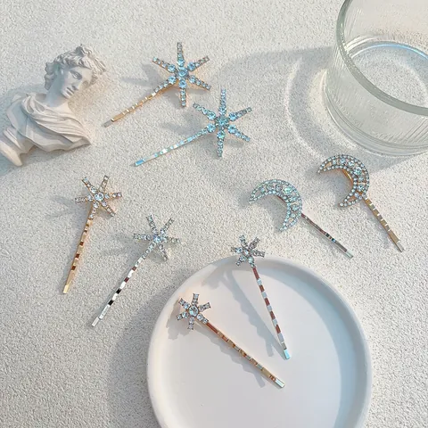 Fashion Zinc Alloy Sparkling Rhinestone Star Moon Hair Clip Set For Women Elegant Gold Silver Bobby Pins Hair Accessories Jewelry Gift
