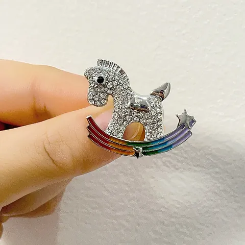 Rocking Horse Brooch With Rainbow Enamel Rhinestone Animal Lapel Pin For Women Coat Accessories Decorative Jewelry Pin