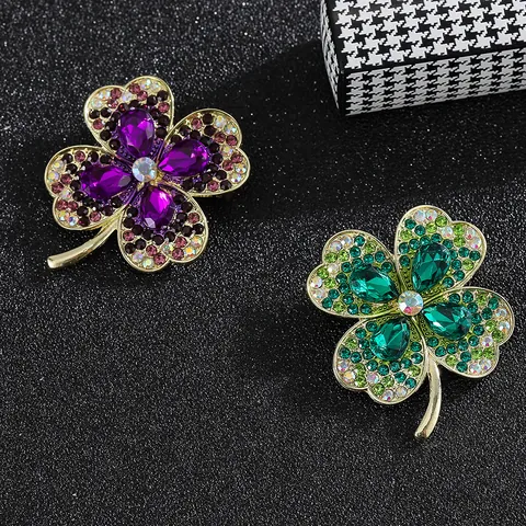 Elegant Zinc Alloy Crystal Four Leaf Clover Brooch Gold Plated Rhinestone Anti-exposure Pin Jewelry For Women Green Purple