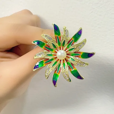 Spilla a Forma di Girasole in Smalto Vintage Con Perla Artificial Sintetica Strass per Donna Accessori di Abbigliamento a Fiori Blu Colorati