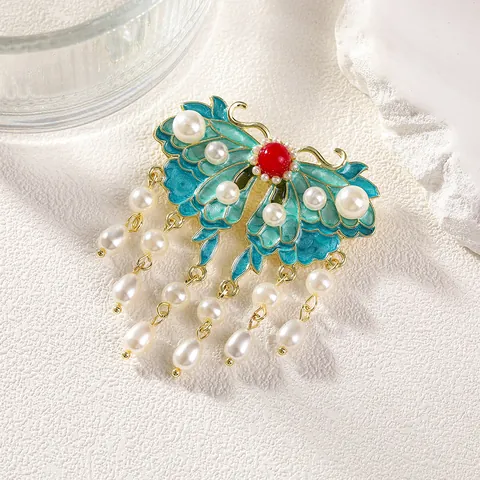 Vintage Chinese Style Butterfly Tassel Brooch With Blue Enamel And Faux Artificial Pearls For Women Hanfu Cheongsam Clothing Accessories