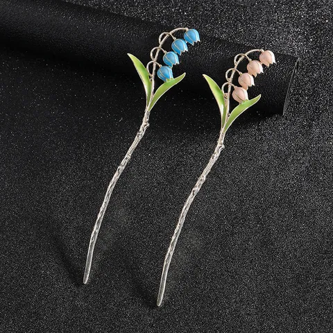 Pic à Cheveux Muguet Élégant Nouveau Style Chinois Alliage Émail Floral Accessoire de Coiffure Femme Retro Brindille pour Hanfu