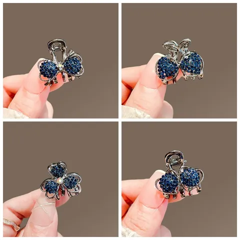 Minimalistische Haarkralle Mini Zinklegierung Für Damen Dunkelblau Strass Schleife Kirsche Herz Haarschmuck Dekor