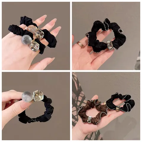 Chouchous Élégants De Style Coréen Avec Strass Et Perles Pour Femmes Attaches Pour Cheveux En Tissu Satiné À Haute Élasticité Accessoires Pour Queue De Cheval