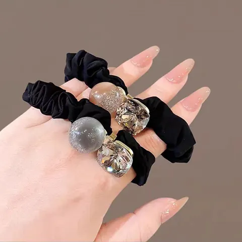 Chouchous Élégants De Style Coréen Avec Strass Et Perles Pour Femmes Attaches Pour Cheveux En Tissu Satiné À Haute Élasticité Accessoires Pour Queue De Cheval