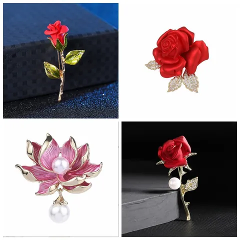 Vintage Enamel Flower Brooch Pin For Women Elegant Zinc Alloy Lotus Rose Tulip Brooch With Pearl Rhinestone Decorative Jewelry Gift