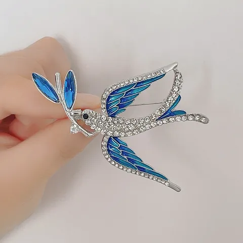 Fashion Swallow Brooch With Blue Enamel And Rhinestones Zinc Alloy Bird Pin With Olive Branch For Women Clothing Accessories