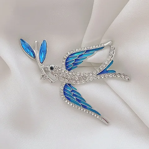 Fashion Swallow Brooch With Blue Enamel And Rhinestones Zinc Alloy Bird Pin With Olive Branch For Women Clothing Accessories