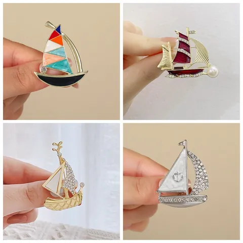 Broche de Velero de Lujo para Mujer Pin de Esmalte Náutico Vintage de Alta Gama con Perla Artificial de imitación y Diamantes de imitación Joyería Regalo