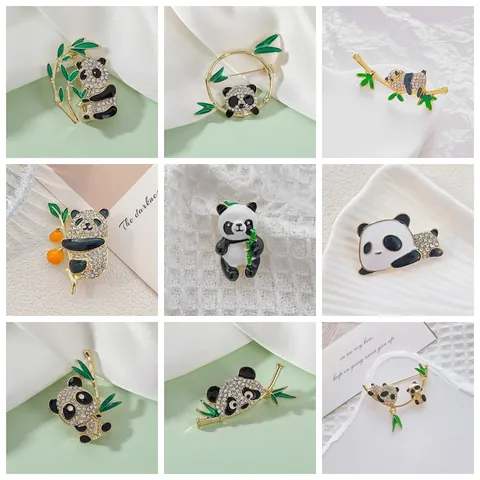 Spilla Panda in Stile Cinese Carina Smalto Strass Lega Animale Bambù Spilla da Risvolto Gioielli di Moda per Decorazione Abbigliamento Donna Regalo