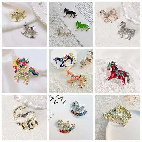 Enamel Pony Horse Brooch Pin With Rhinestone For Women Kids Cute Animal Rocking Horse Unicorn Lapel Pin Jewelry Accessory