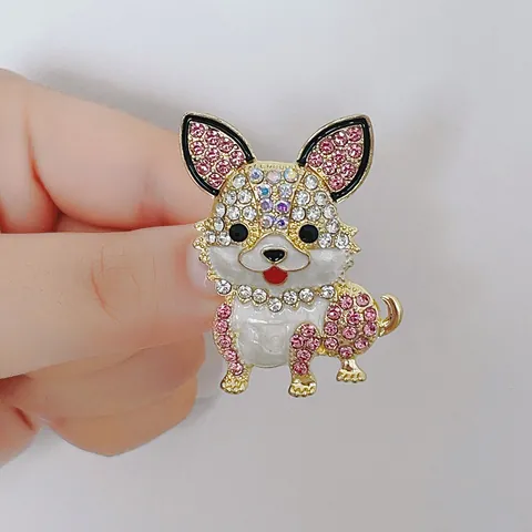 Broche Chien Dessin Animé Mignon Avec Strass Rose Blanc Or Alliage de Zinc Épingle Animale pour Femme Vêtements Sac Décoration Bijoux Cadeau