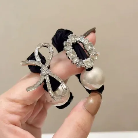 Vintage Satin Scrunchies For Women With Large Faux Artificial Pearl And Rhinestone Bow Knot Flower Elastic Hair Ties Headband Accessory