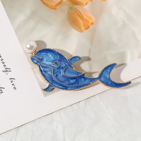 Elegante Broche de Delfín de Esmalte Azul Con Perla Artificial de Imitación Bañado en Oro Aleación de Zinc Pin de Solapa para Mujer