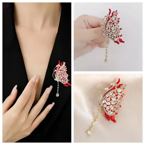 Luxurious Red Enamel Butterfly Brooch For Women Gold Alloy Rhinestone Tassel Pendant Pin For Coat Dress Party Jewelry Gift