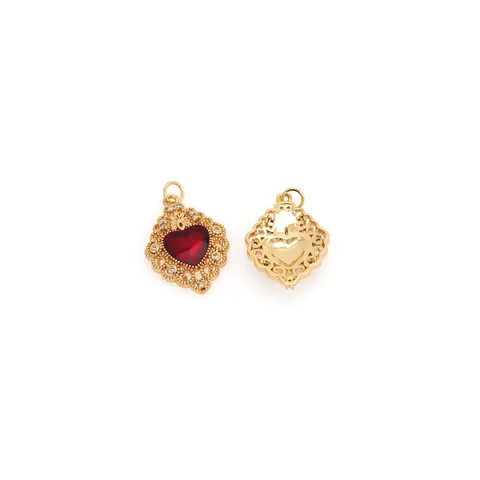 Vintage 18K Gold Plated Copper Red Heart Zirconia Pendant For DIY Jewelry Making Women Baroque Style Heart Charm Accessory