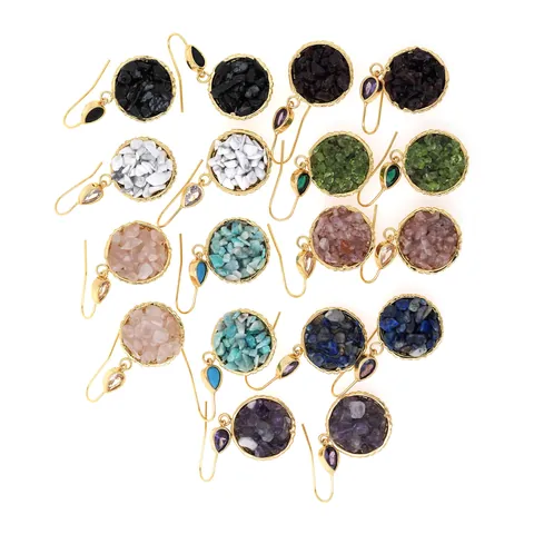 Bohemian 18K Gold Plated Copper Round Natural Stone Chip Dangle Earrings Zirconia Accent Vintage Luxury Jewelry For Women