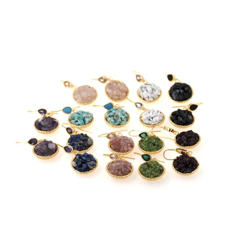 Bohemian 18K Gold Plated Copper Round Natural Stone Chip Dangle Earrings Zirconia Accent Vintage Luxury Jewelry For Women