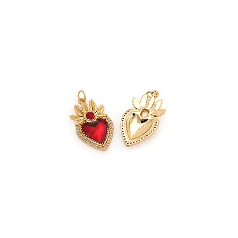 18K Goud Verguld Koper Heilig Hart Hanger Rode Zirkonia Hart Bedel Voor DIY Ketting Sieraden Maken Accessoire Voor Vrouwen