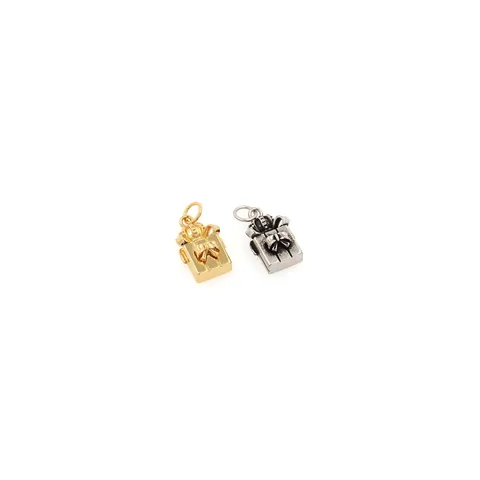18K Gold Plated Copper Gift Box Pendant With Crown Bow Design Zirconia Inlaid DIY Jewelry Accessory For Necklace Bracelet Women