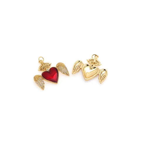 18K Verguld Koper Emaille Rood Hart Vleugel Hanger Met Zirkoon Kroon Luxe DIY Sieraden Maken Accessoire Voor Vrouwen