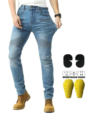 Pantaloni da Equitazione Protettivi da Moto da Uomo Con Protezioni Rimovibili Per Ginocchia e Fianchi Denim Lavato Slim Fit