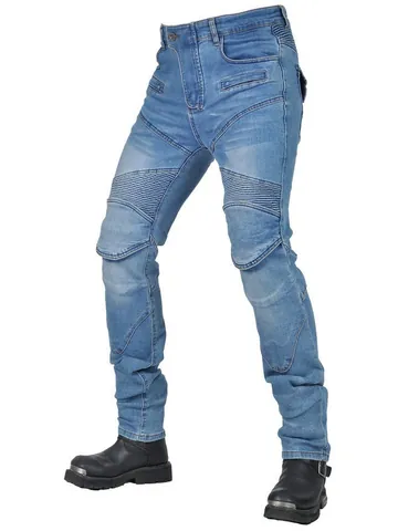 Pantaloni da Equitazione Protettivi da Moto da Uomo Con Protezioni Rimovibili Per Ginocchia e Fianchi Denim Lavato Slim Fit