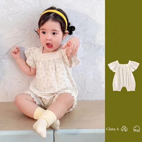 Baby Girl Floral Romper Cotton Lace Square Collar Flutter Sleeve Summer Jumpsuit Newborn Infant Pastoral Style Bodysuit