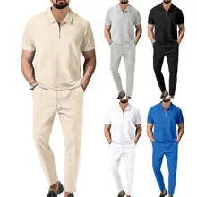 Heren Casual Wafelbreisel Top En Broek Effen Kleur Half-Rits Korte Mouw Poloshirt En Lange Broek Met Trekkoord Trainingspak