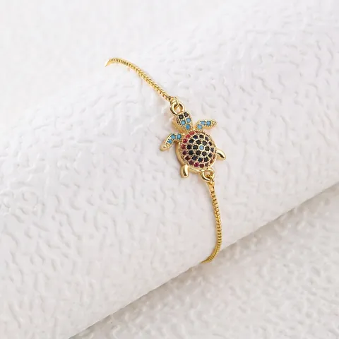 Bracciale Tartaruga Marina in Rame e Zirconia Regolabile a Scorrimento Catena Box Multicolore Intarsiato Donna Gioielli