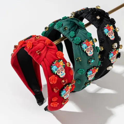 Halloween Sugar Skull Flower Knotted Headband Velvet Padded Wide Hairband With Resin Rose Rhinestone For Women Party Jewelry