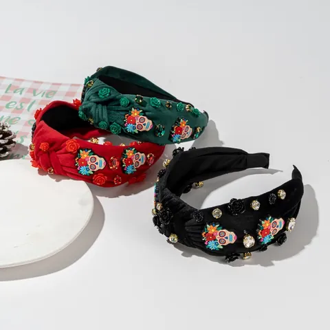 Halloween Sugar Skull Flower Knotted Headband Velvet Padded Wide Hairband With Resin Rose Rhinestone For Women Party Jewelry