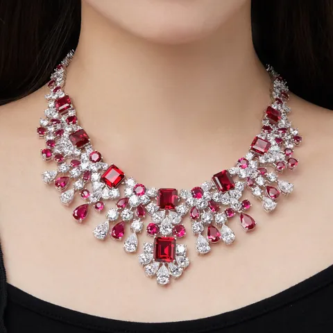 Luxurious S925 Sterling Silver Emerald Ruby Symmetric Necklace For Women Clavicle Chain Necklace Full Pavé Rhinestone Jewelry