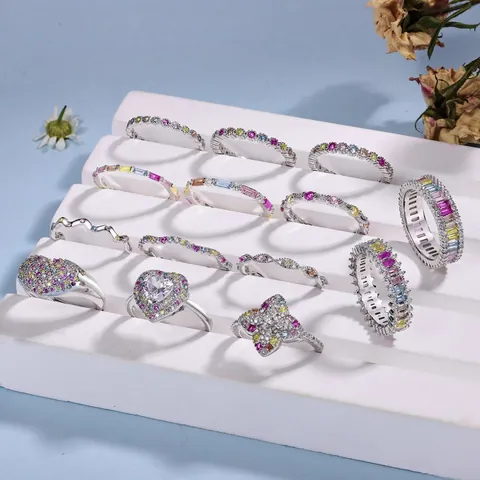 S925 Sterling Silver Rainbow Zirconia Eternity Ring For Women Multi Color Zircon Inlaid Band Minimalist Fashion Commute Finger Jewelry Gift