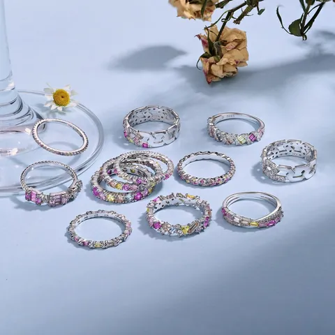 S925 Sterling Silver Rainbow Zirconia Eternity Ring For Women Multi Color Zircon Inlaid Band Minimalist Fashion Commute Finger Jewelry Gift