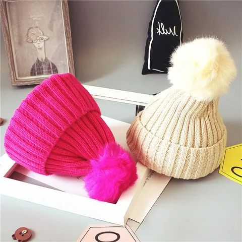 Kids Winter Knitted Beanie Hat With Large Faux Fur Pompom Soft Warm Ribbed Pullover Cap For Toddler Boys Girls