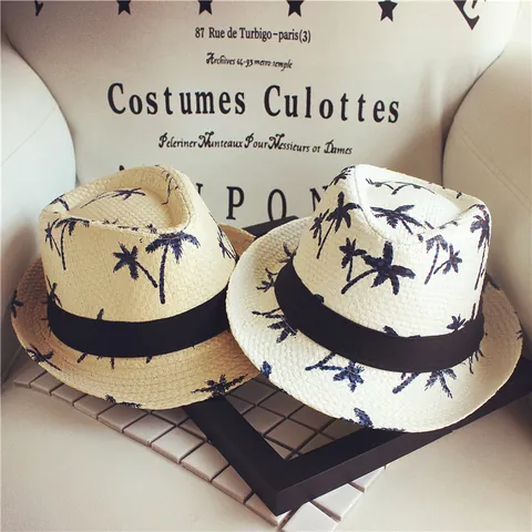Kids Summer Straw Fedora Hat Palm Tree Print Sun Protection Beach Jazz Hat With Ribbon For Boys Girls