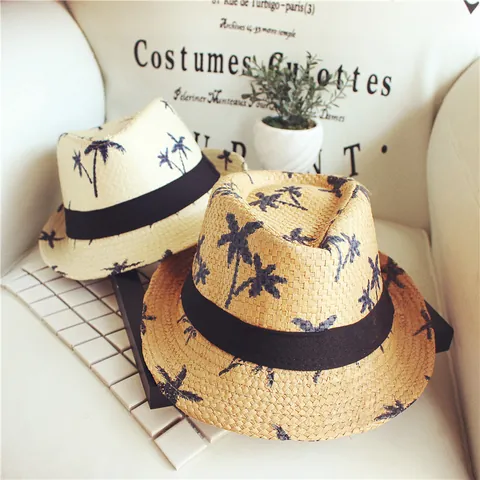 Kids Summer Straw Fedora Hat Palm Tree Print Sun Protection Beach Jazz Hat With Ribbon For Boys Girls