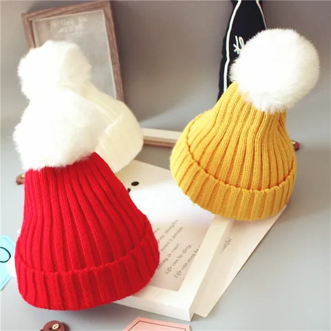Gorro de Punto de Invierno para Niños Con Pompón de Piel Sintética Grande Suave Cálido Para Bebés Niños Niñas